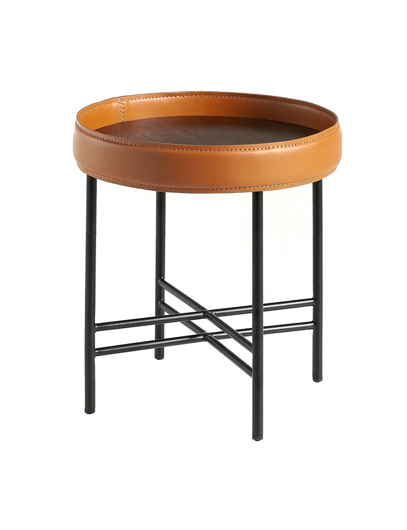 Mesa de Canto Redonda em Couro Ecológico Castanho e Preto