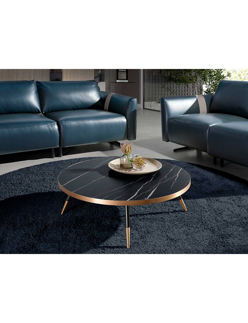 Mesa de Centro Redonda em Mármore e Aço Preto