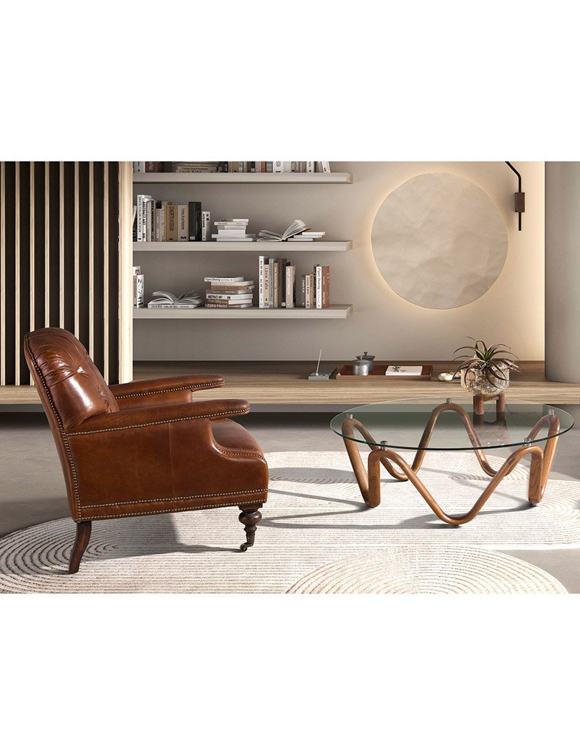 Mesa de Centro Redonda em Nogueira com Vidro Temperado