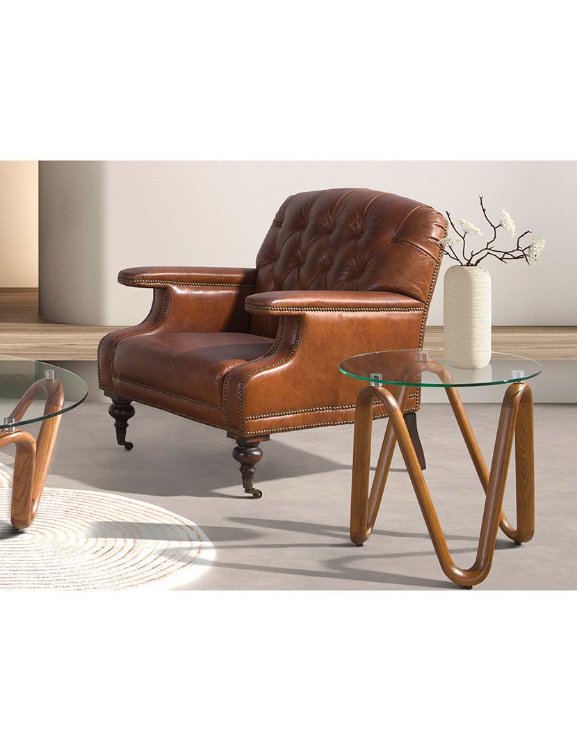 Mesa de Canto Redonda em Nogueira com Vidro Temperado