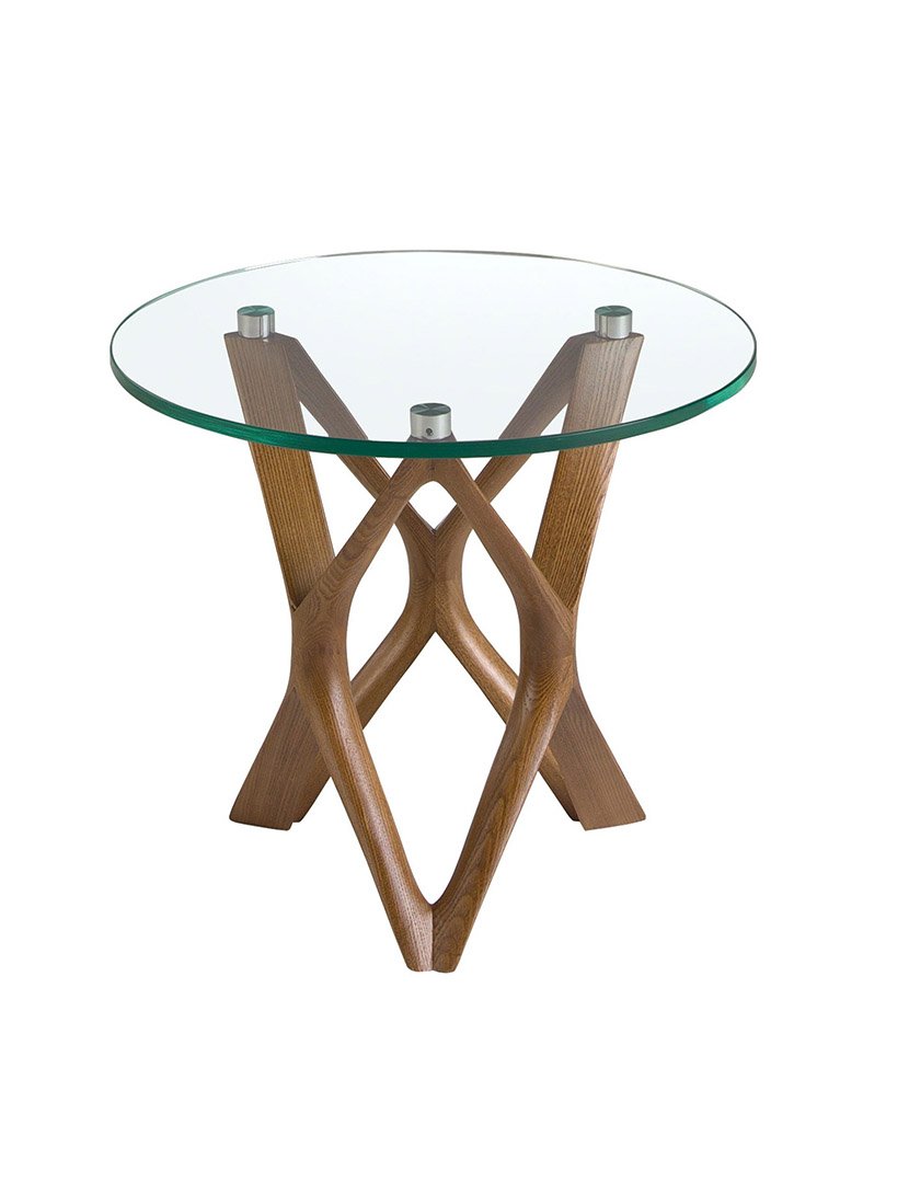 Mesa de Canto Redonda em Nogueira com Vidro Temperado