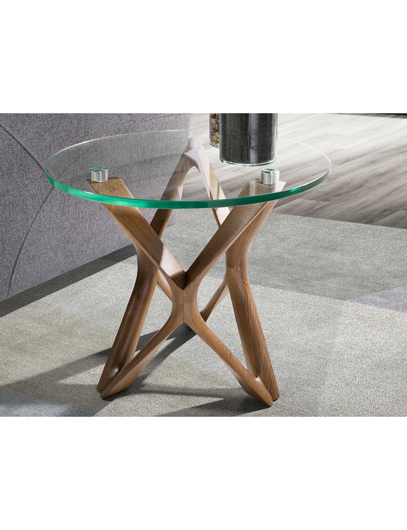 Mesa de Canto Redonda em Nogueira com Vidro Temperado