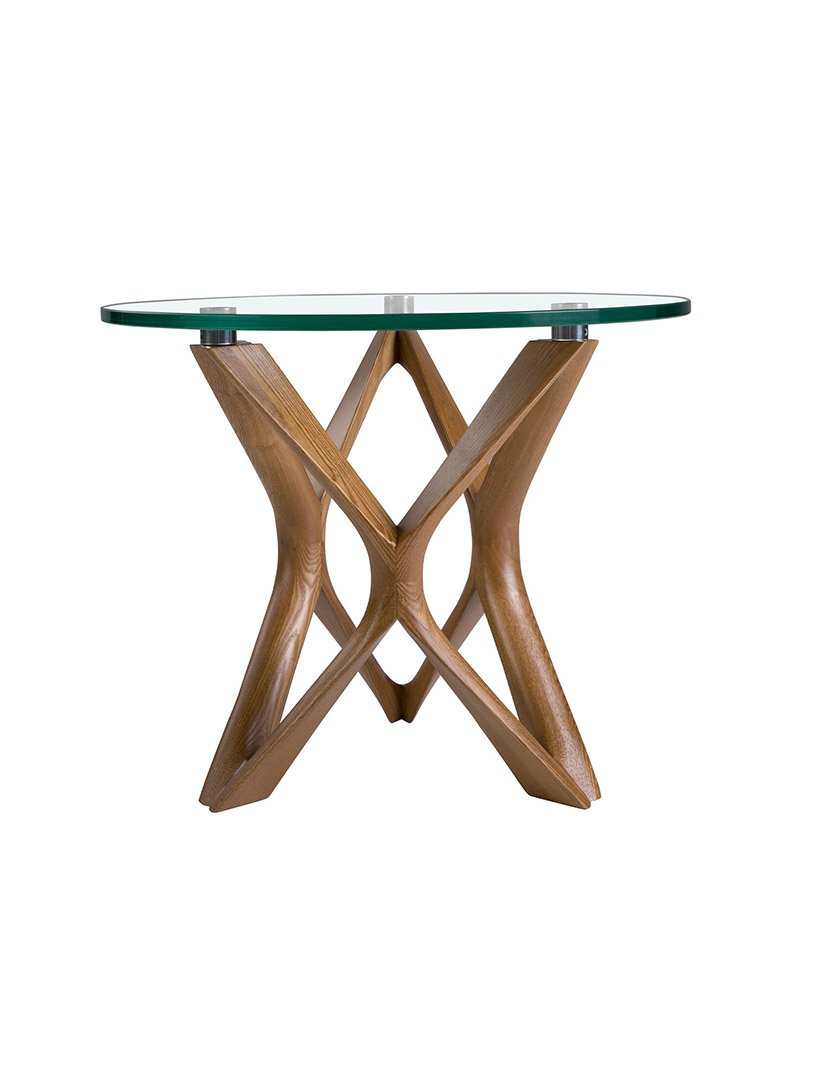 Mesa de Canto Redonda em Nogueira com Vidro Temperado