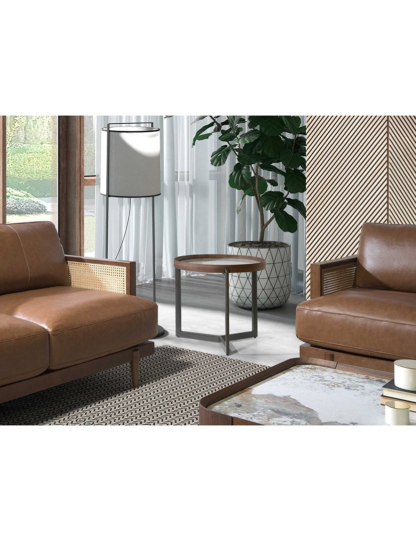 Mesa de Centro Redonda em Nogueira e Mármore