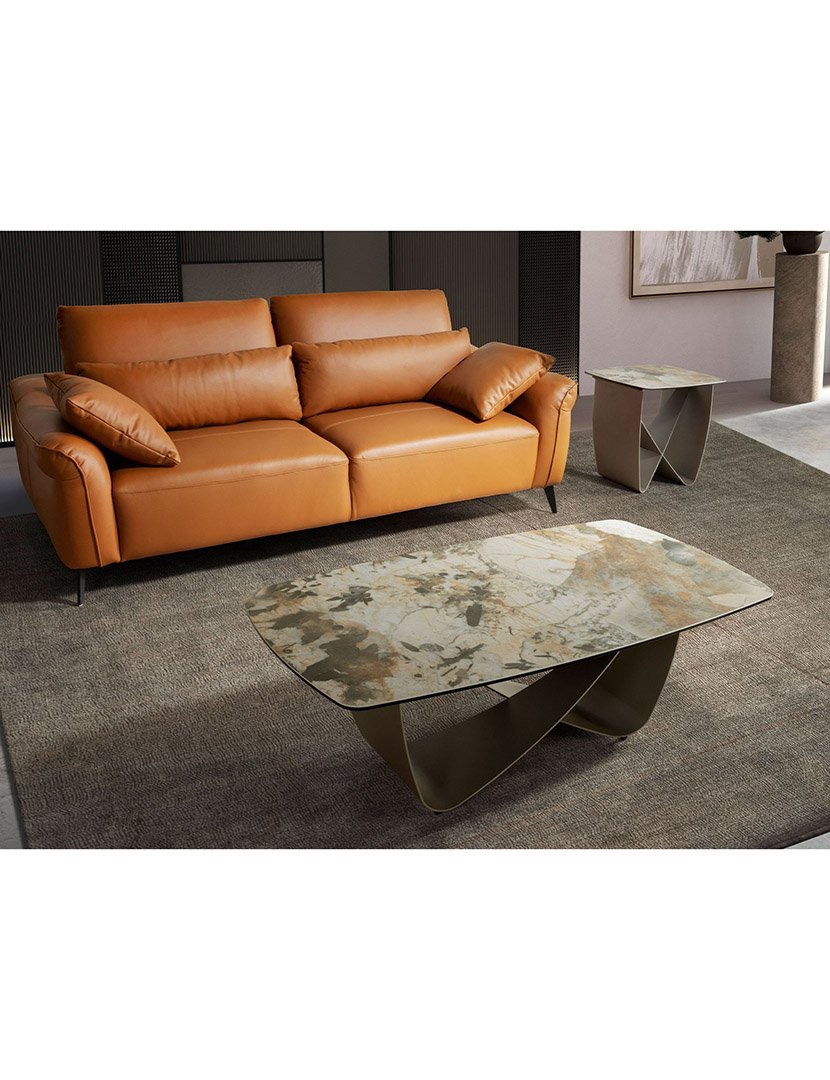 Mesa de Centro Oval em Mármore e Aço Taupe