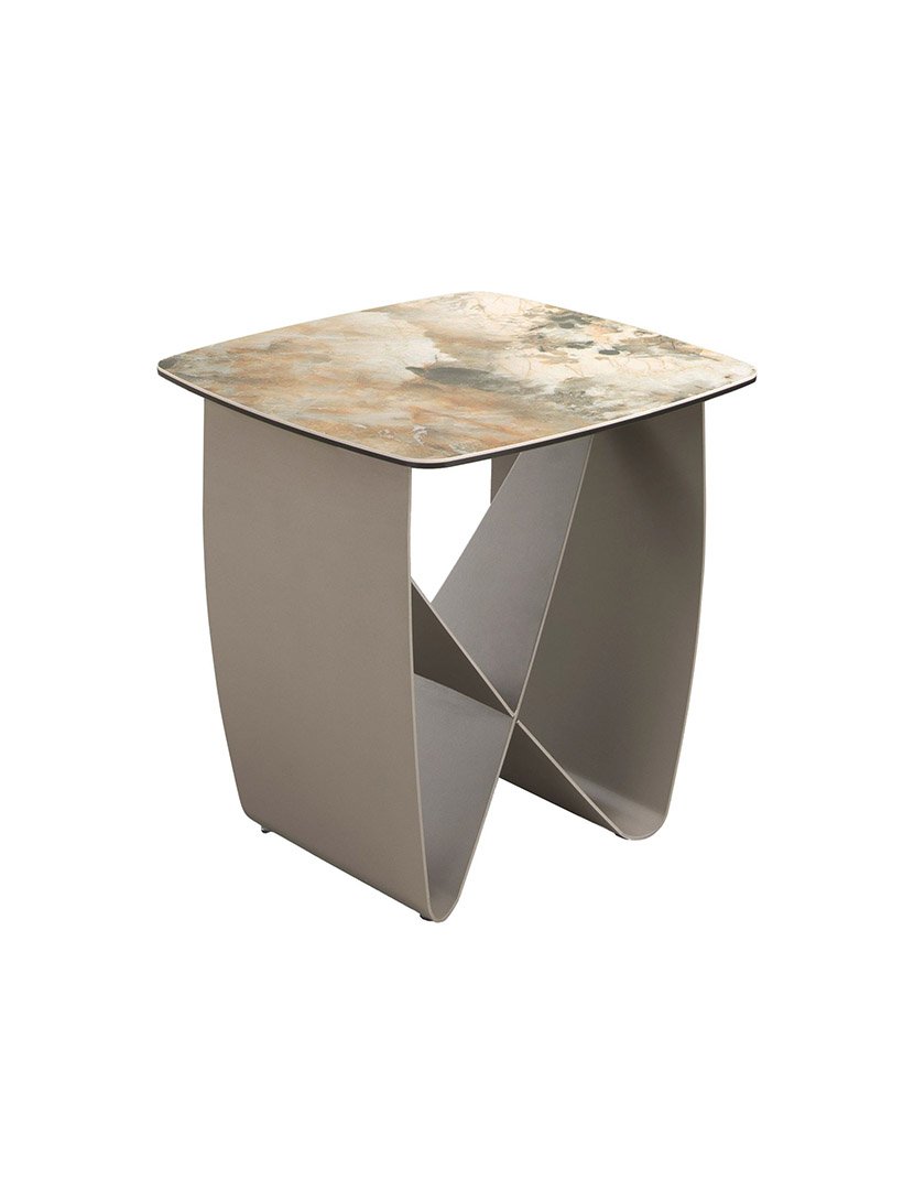 Mesa de Canto Quadrada em Aço Taupe e Mármore