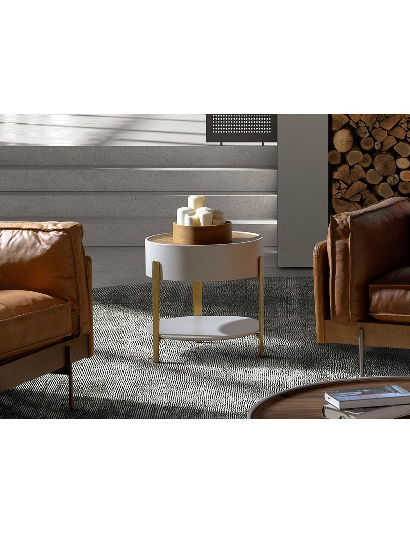 Mesa de Canto Redonda em Nogueira Bege e Dourado