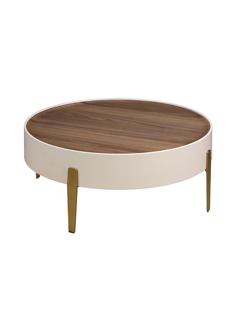 Mesa de Centro Redonda em Nogueira Bege e Dourado