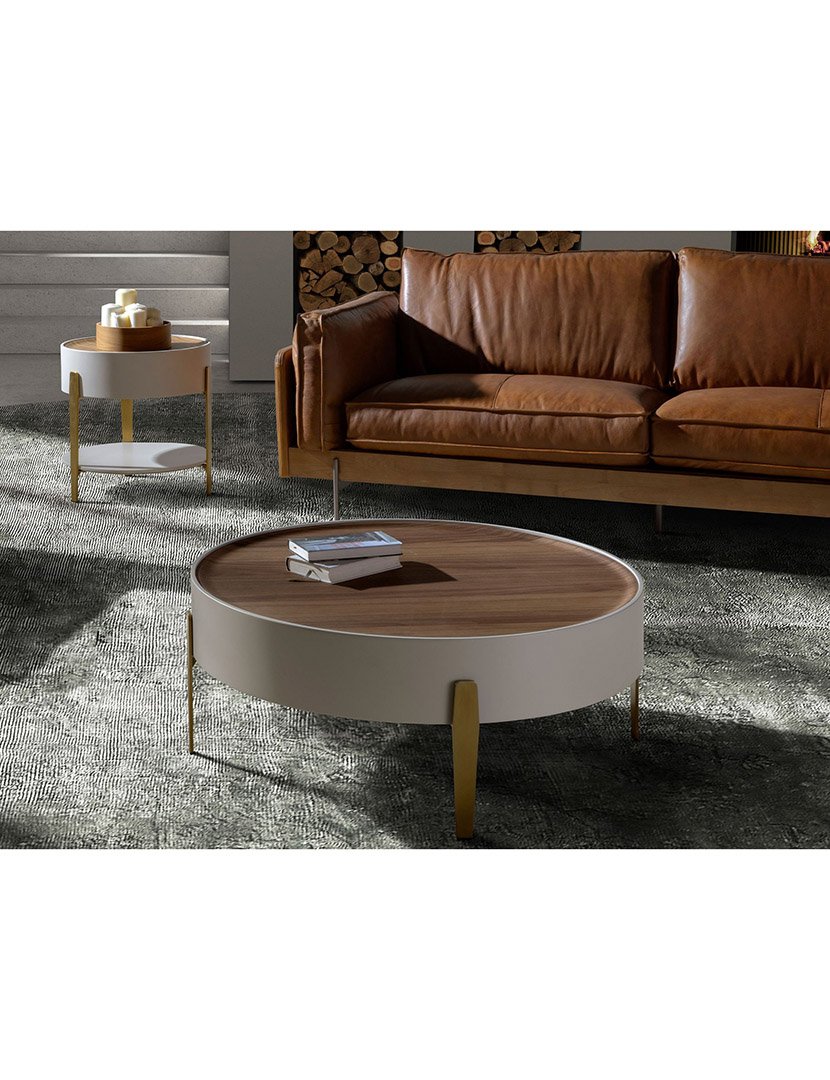 Mesa de Centro Redonda em Nogueira Bege e Dourado