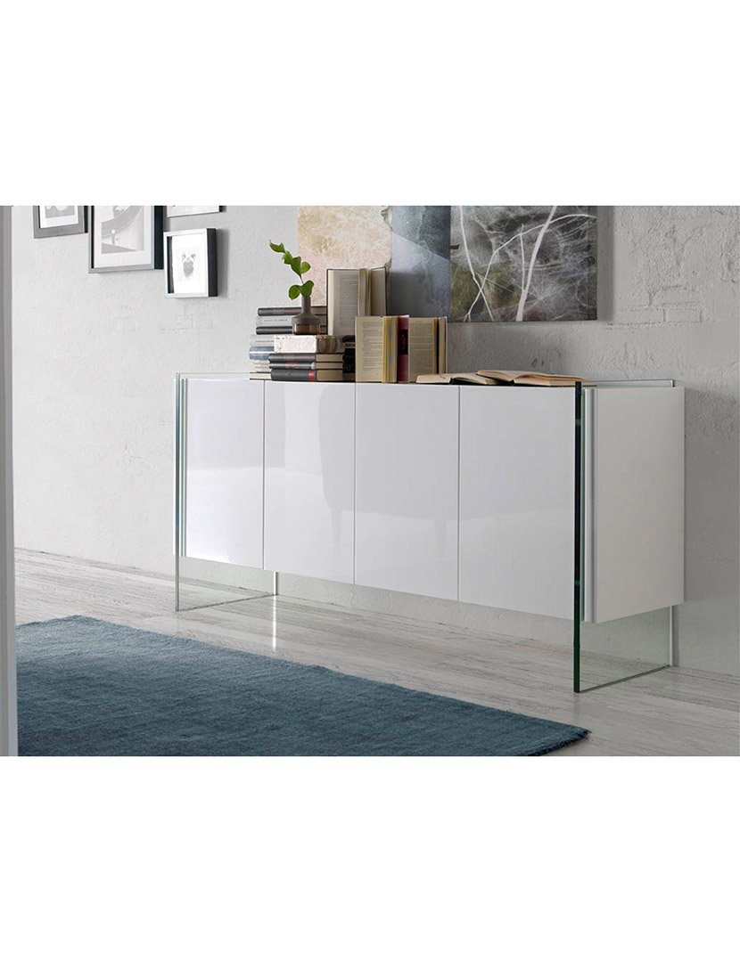 Aparador em Madeira com Vidro Temperado Branco