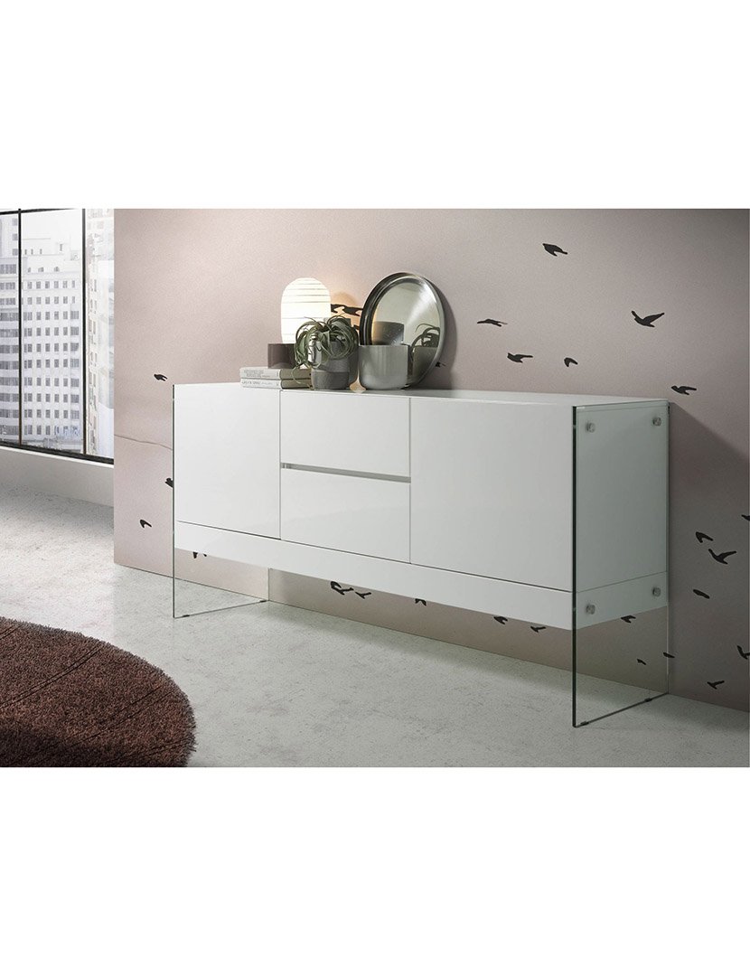 Aparador em Madeira com Vidro Temperado Branco