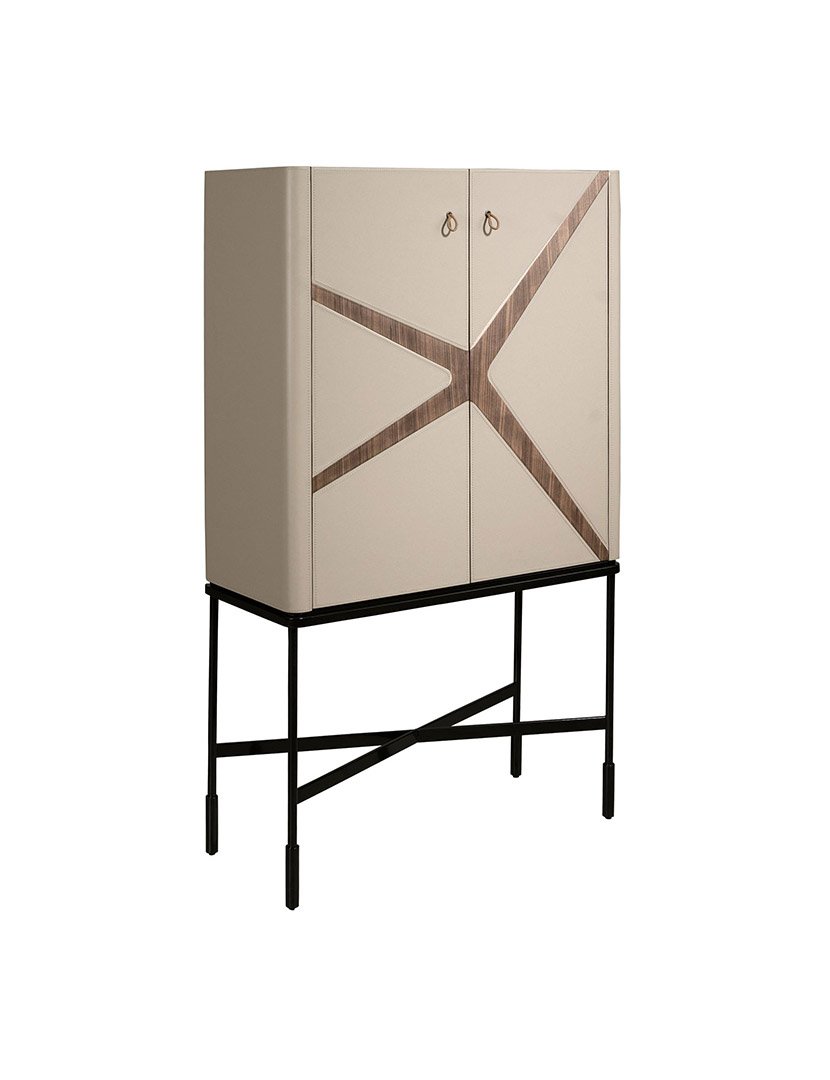 Aparador Alto em Couro Sintético e Nogueira Bege