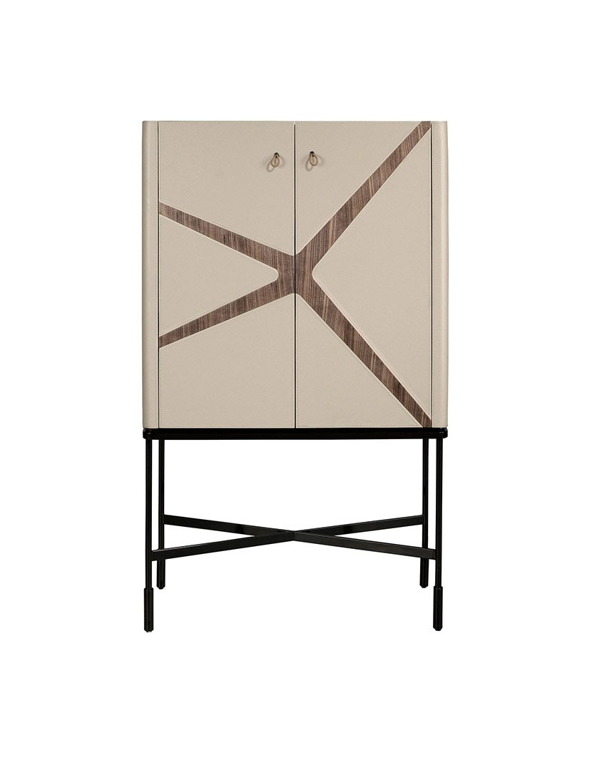 Aparador Alto em Couro Sintético e Nogueira Bege