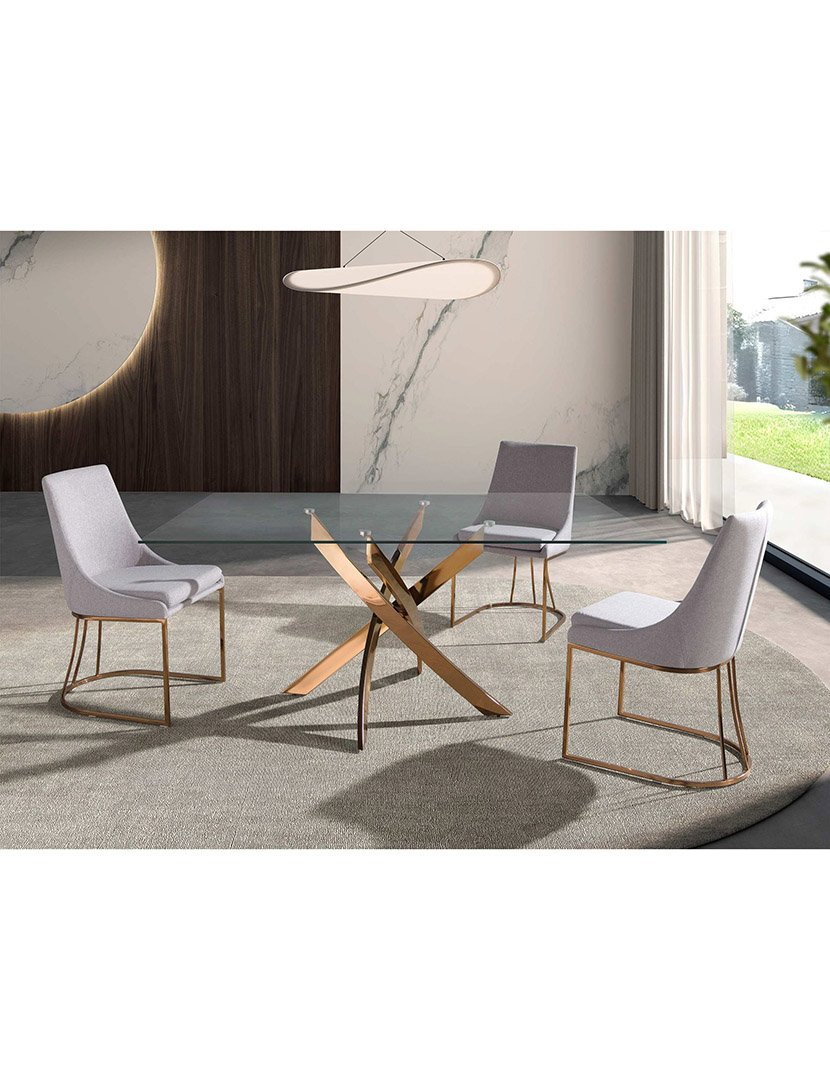 Mesa de Jantar Retangular Rose Gold com Vidro Temperado