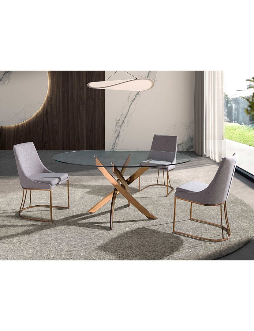 Mesa de Jantar Redonda Rose Gold com Vidro Temperado