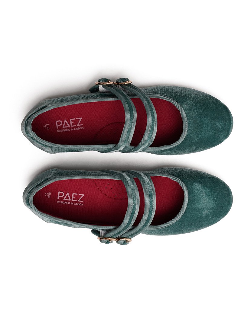 Mary Jane Double Strap Velvet Beryl Green