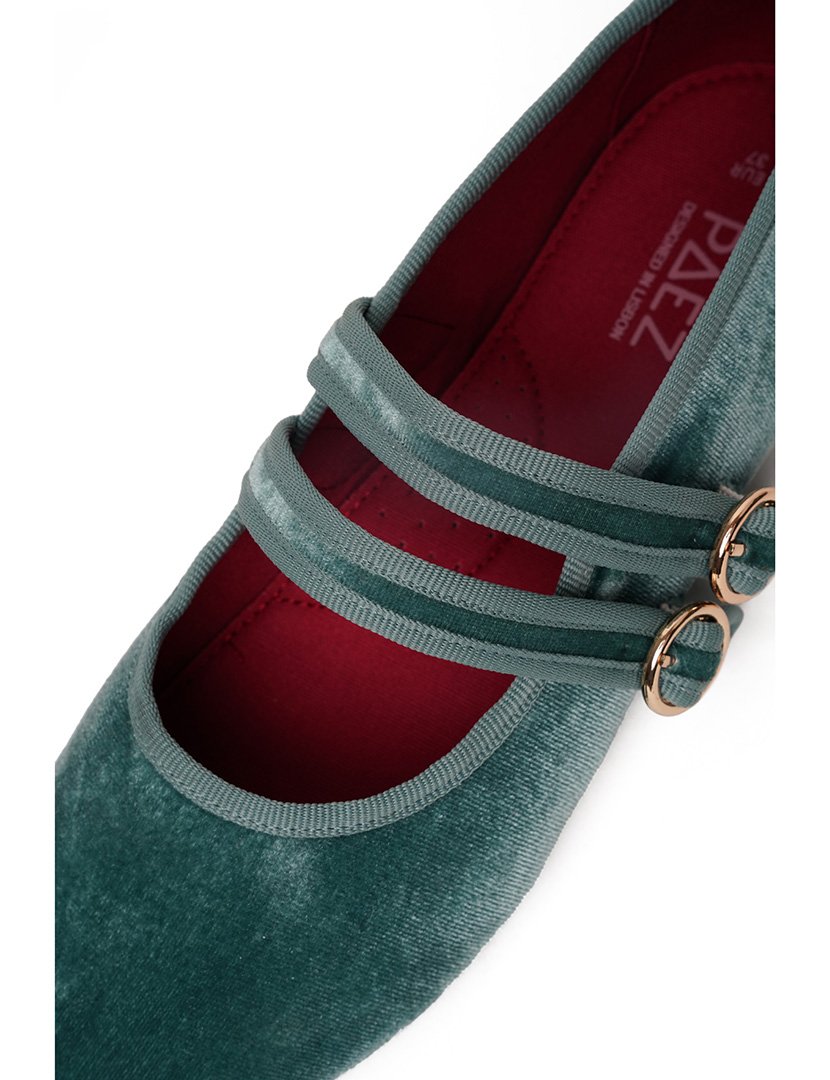 Mary Jane Double Strap Velvet Beryl Green