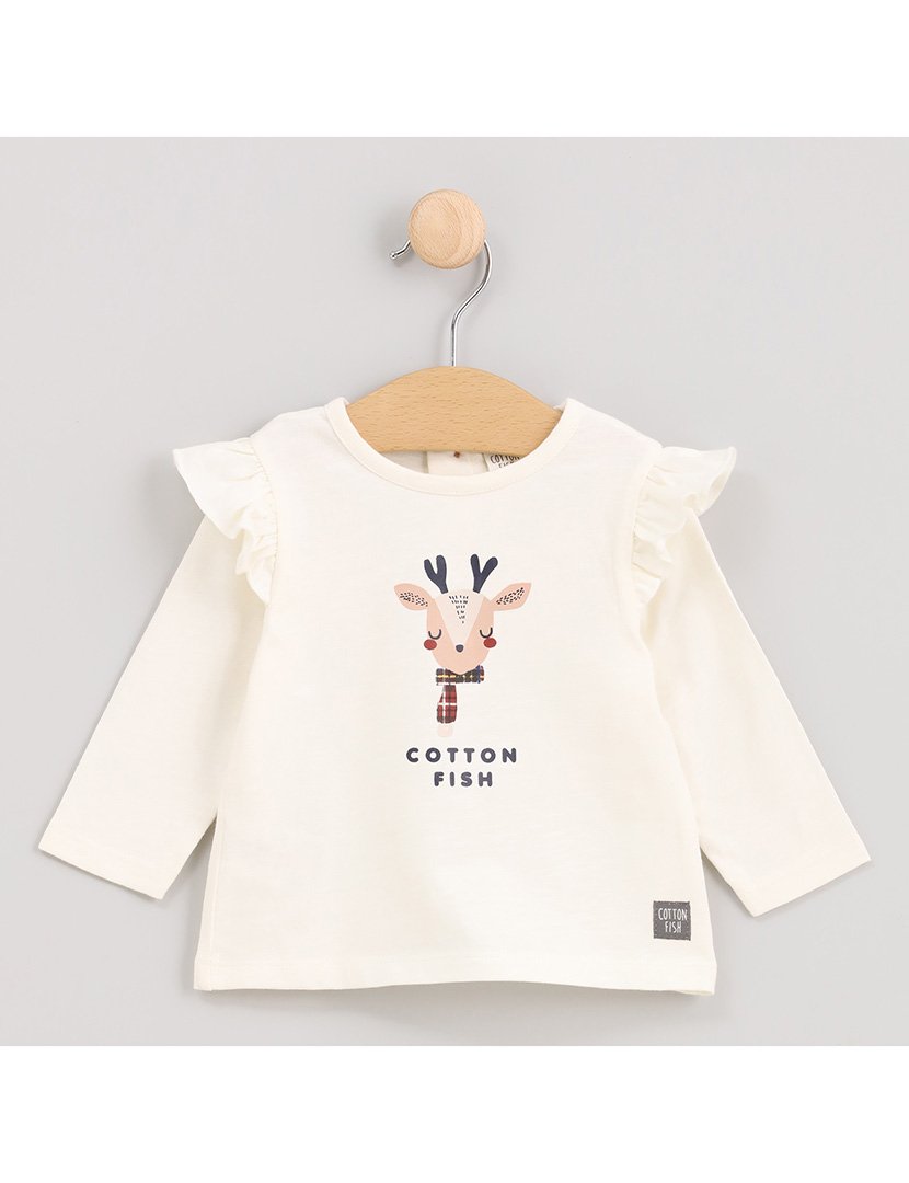 Camisola Menina com Folhos e Estampa Rena Xristmas Branco