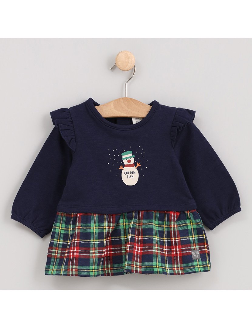 Vestido Menina Combinado com Estampa Boneco de Neve Xristmas Azul