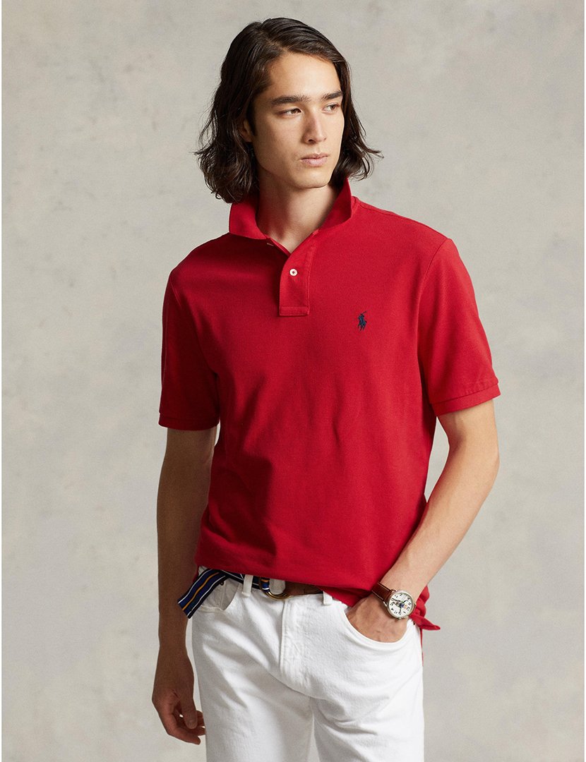 Pólo Slim Fit Vermelho Logotipo Azul
