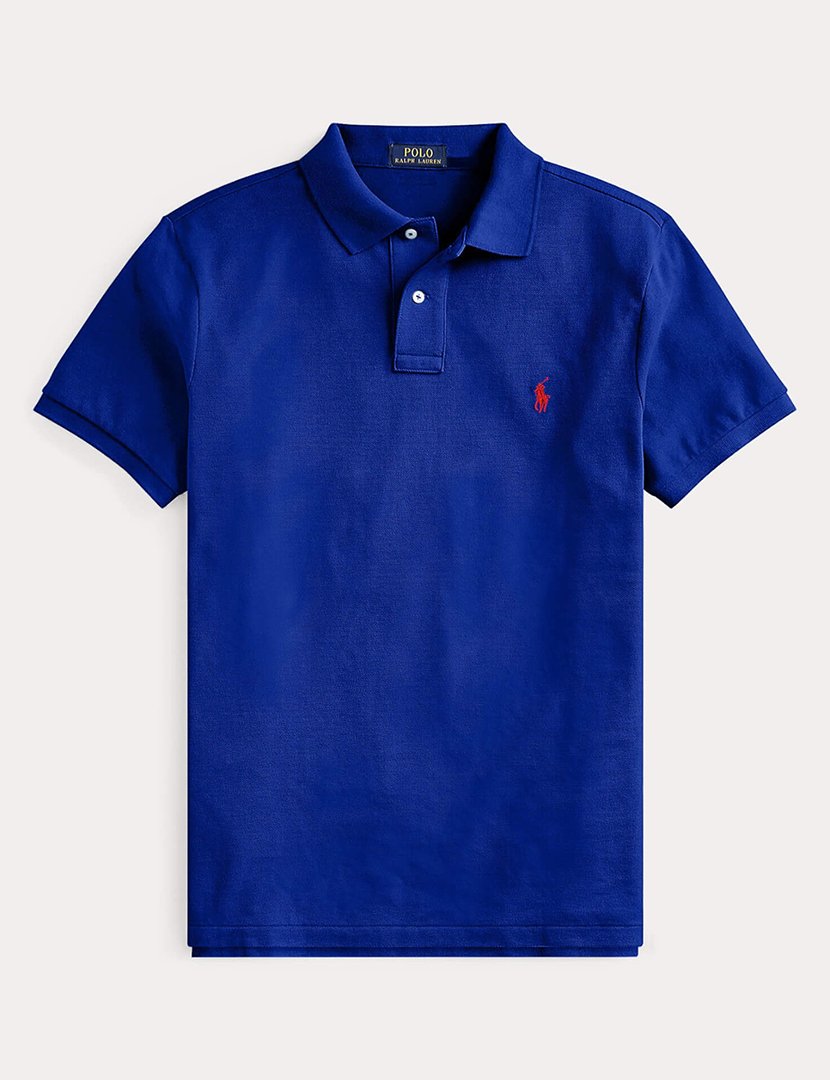 Pólo Slim Fit Azul Logotipo Vermelho