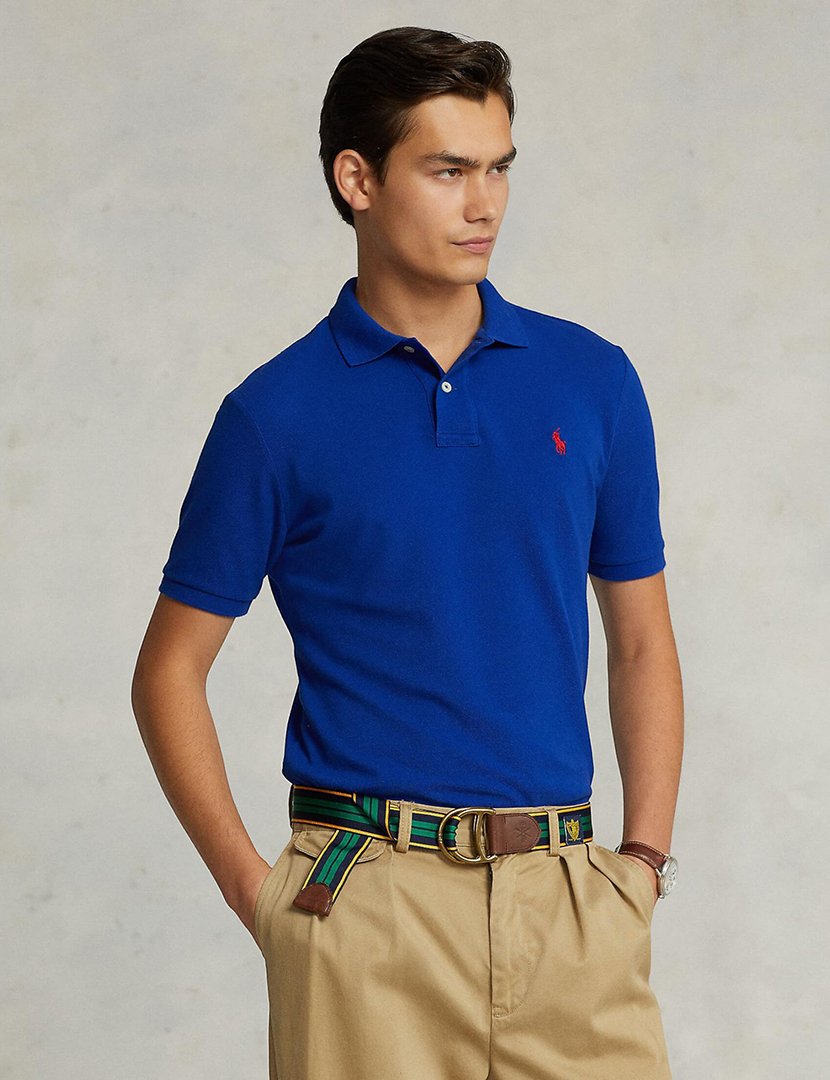 Pólo Slim Fit Azul Logotipo Vermelho