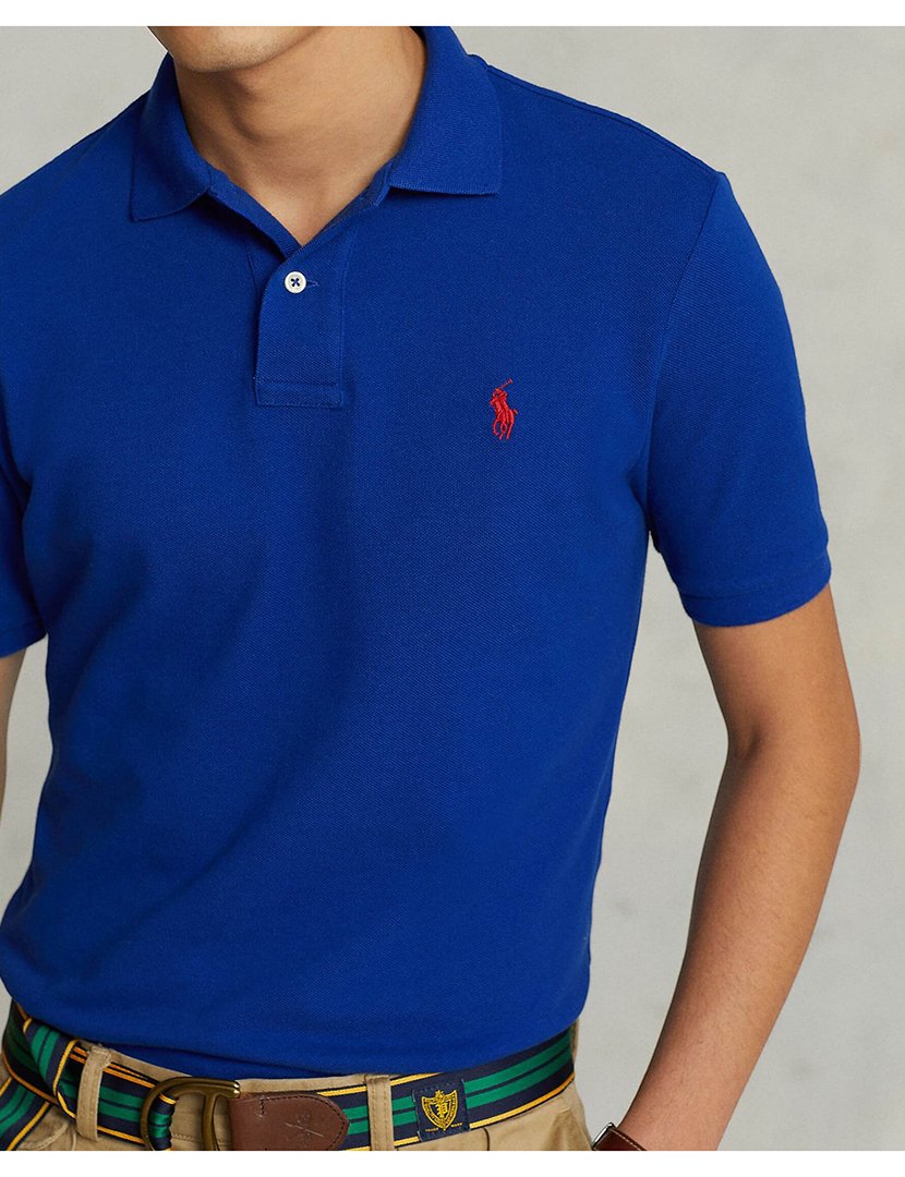 Pólo Slim Fit Azul Logotipo Vermelho