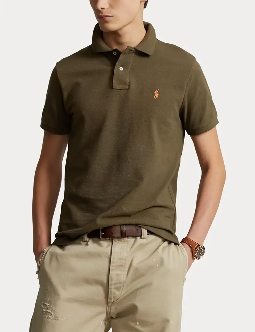 Pólo Slim Fit Khaki Logotipo Laranja