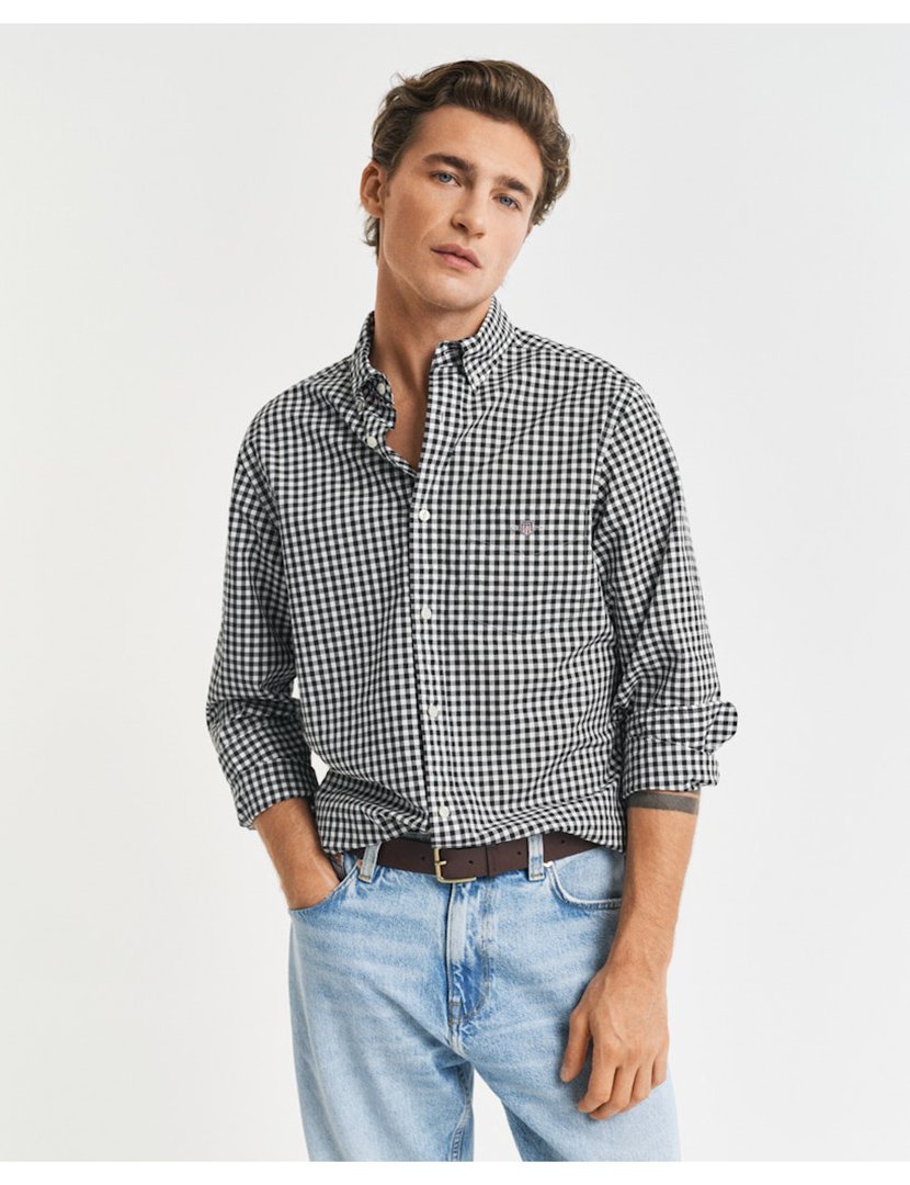 Camisa de manga comprida clássica gingham Preto