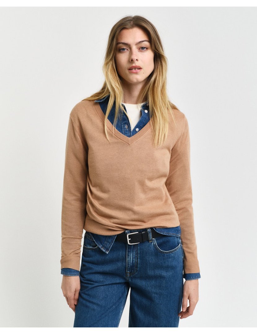 Camisola de malha gola em V Castanho