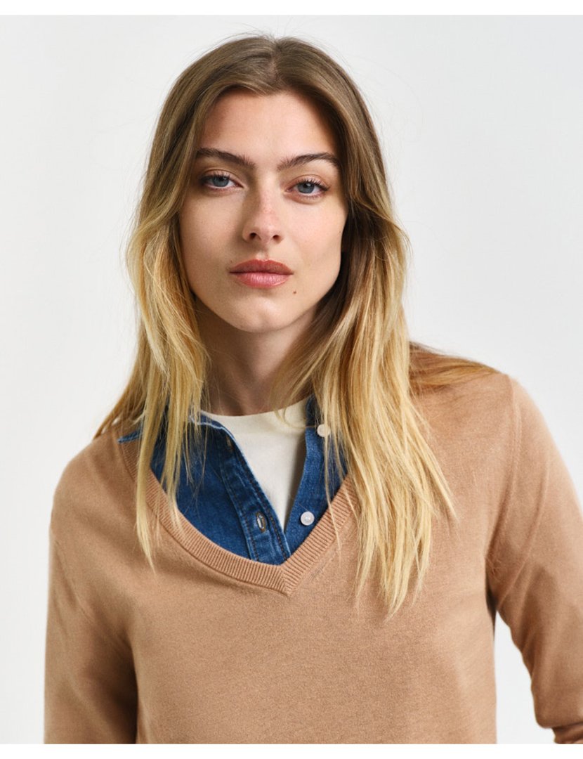 Camisola de malha gola em V Castanho