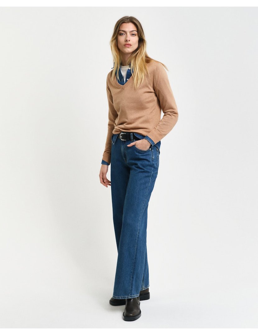 Camisola de malha gola em V Castanho