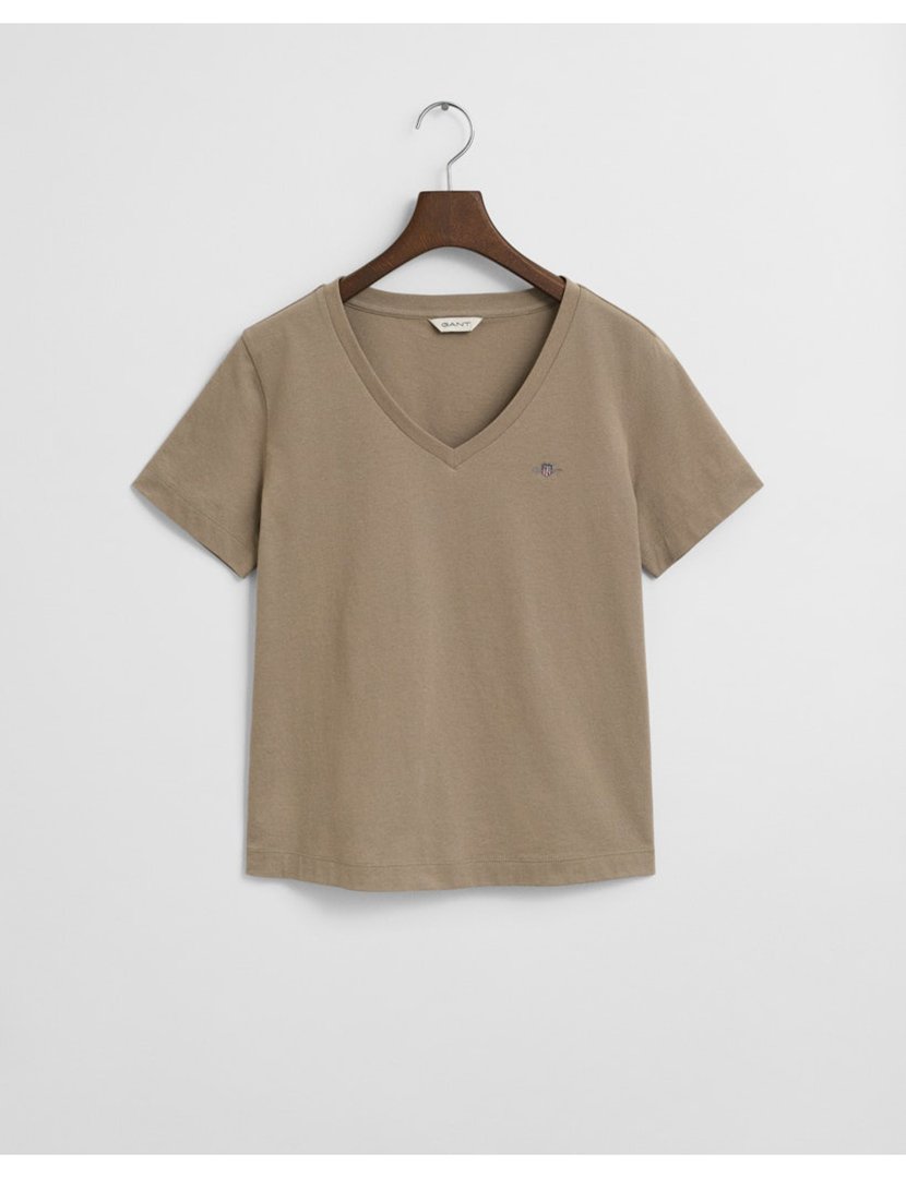 T-shirt gola em V Bege