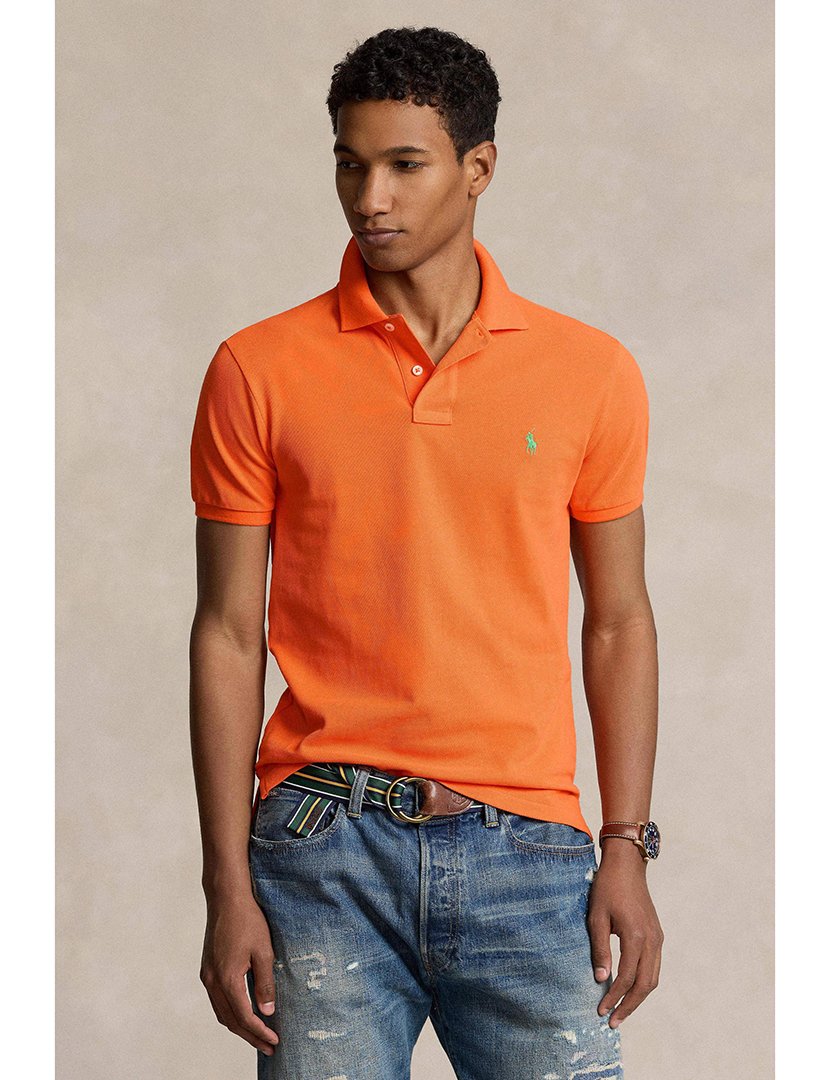 Pólo Slim Fit Laranja Logotipo Verde
