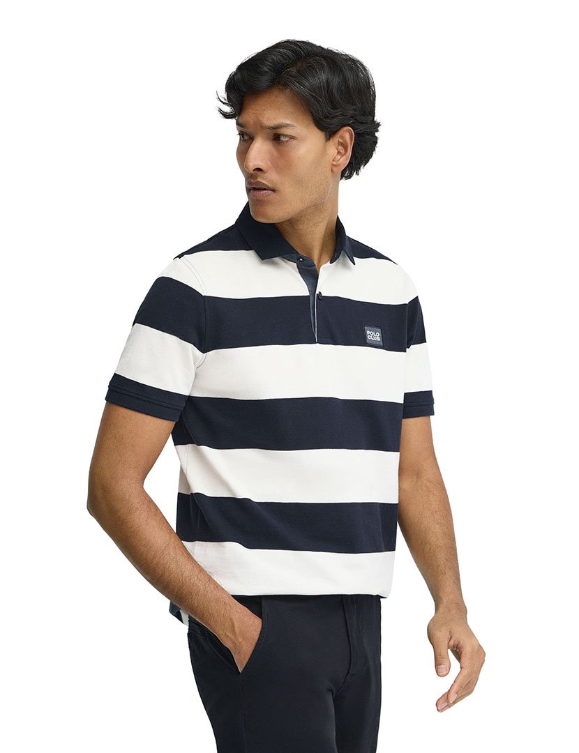 Pólo Riscas Loose Fit Azul-Branco