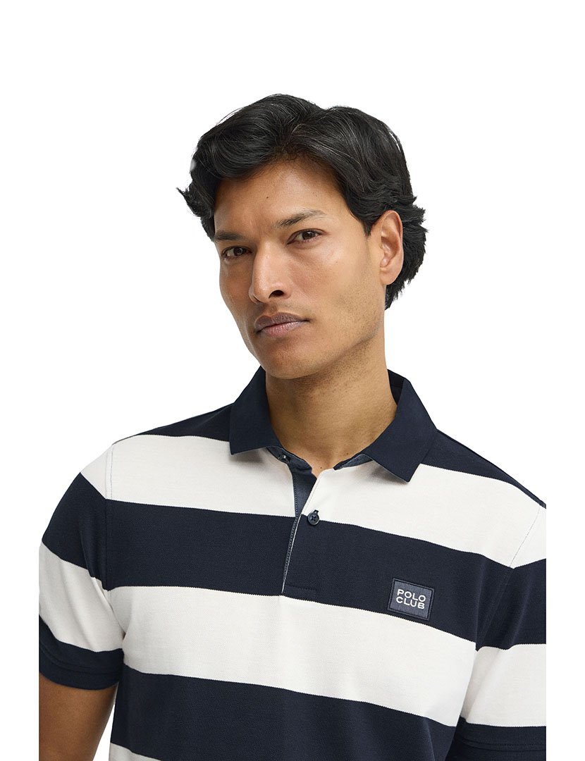 Pólo Riscas Loose Fit Azul-Branco