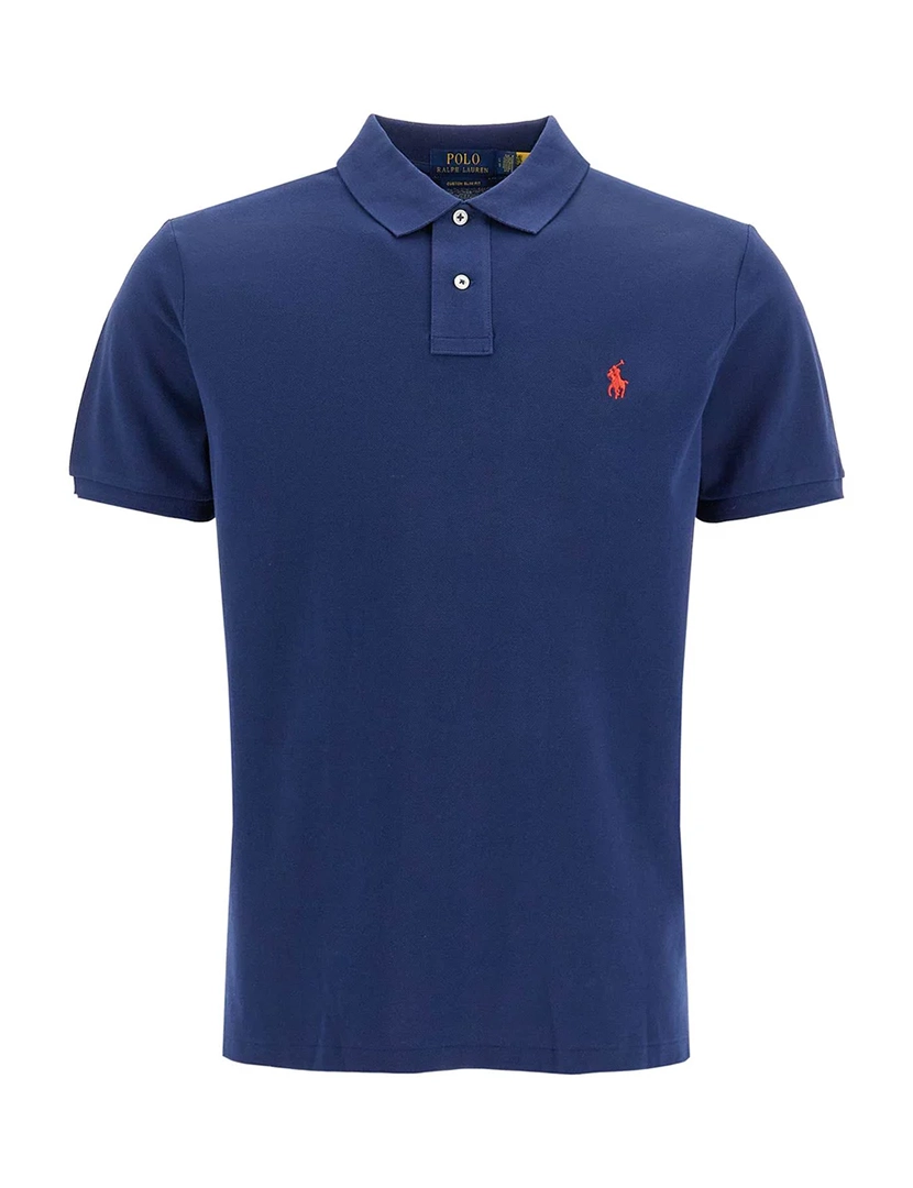 Pólo Slim Fit Azul Marinho Logotipo Vermelho